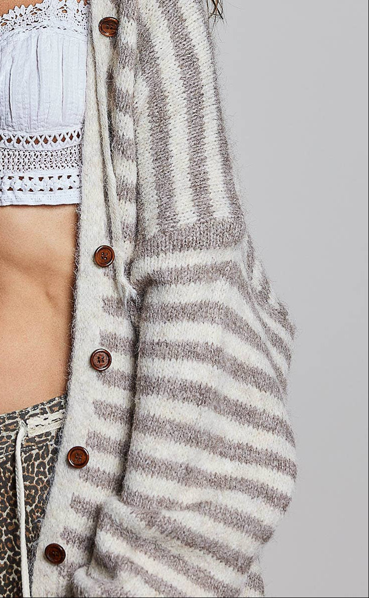 Striped Hooded Knit Cardigan