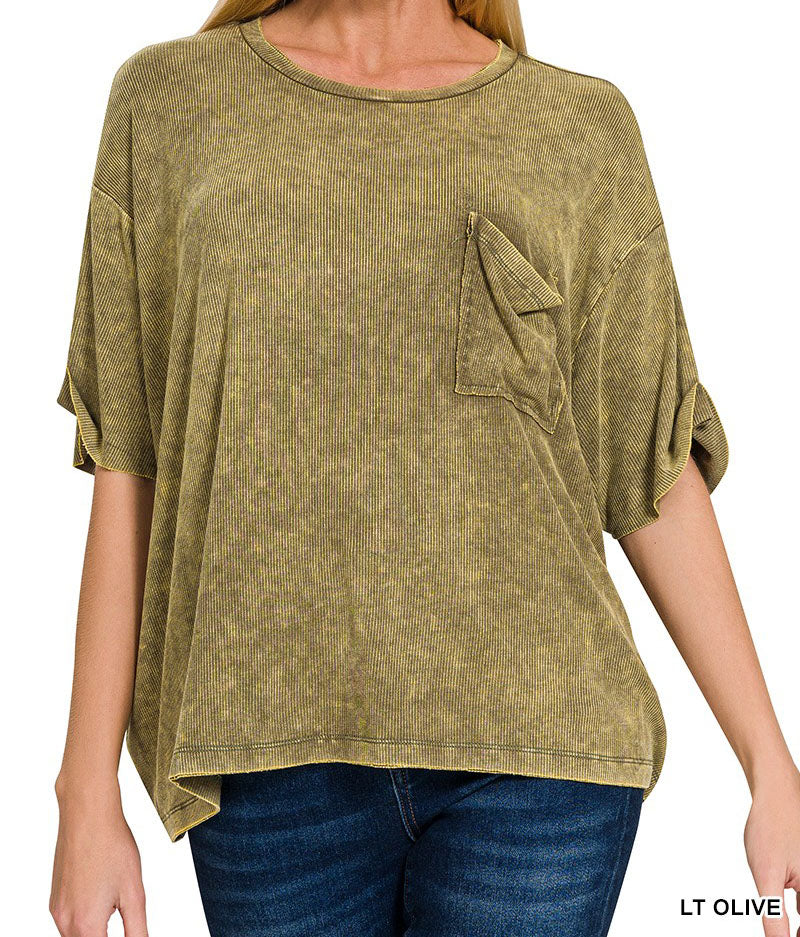 Boyfriend Basic Washed Ribbed Tee - Olive