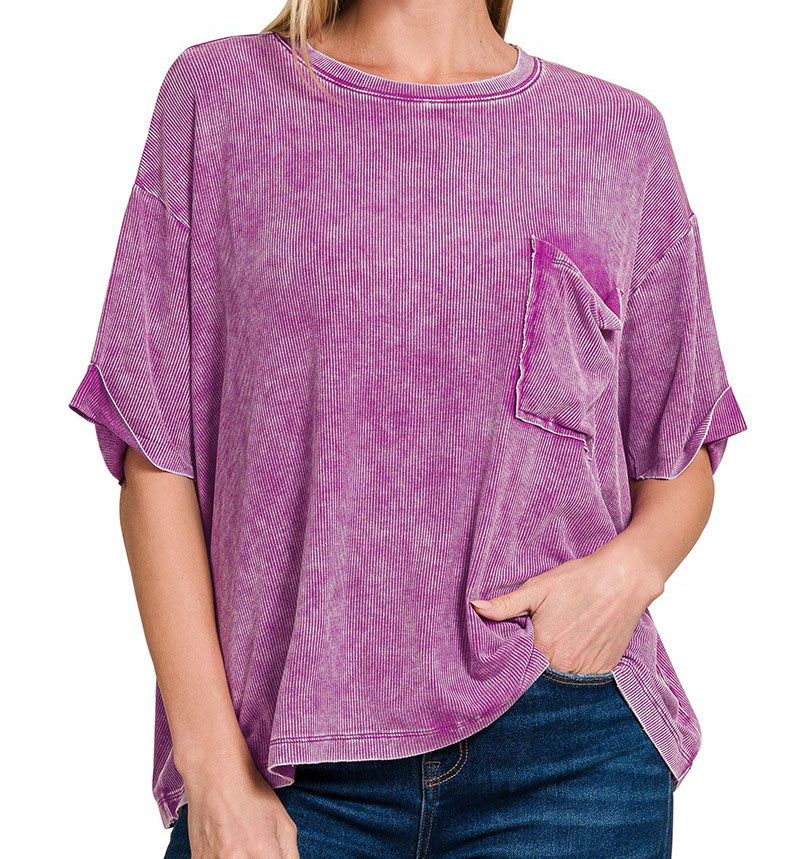 Boyfriend Basic Washed Ribbed Tee - Light Plum