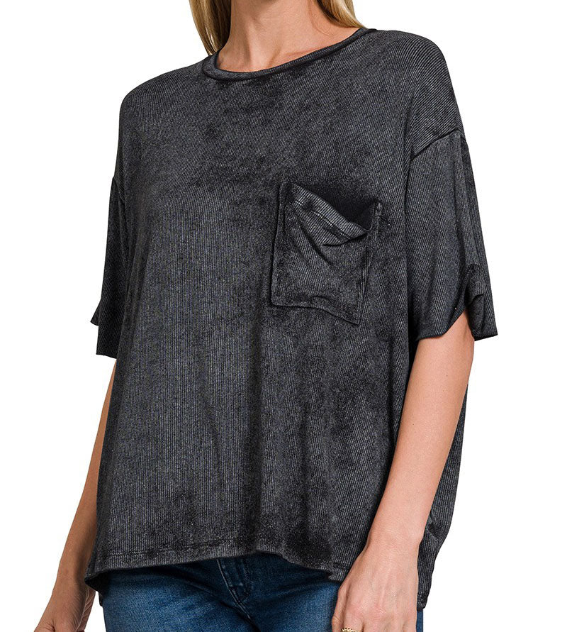 Boyfriend Basic Washed Ribbed Tee - Ash Black