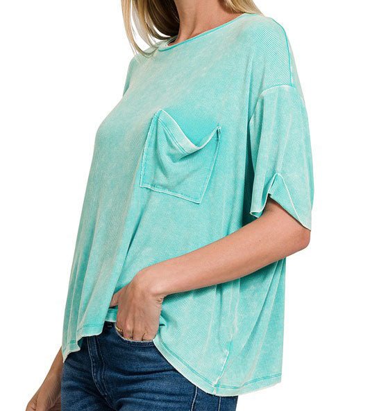 Boyfriend Basic Washed Ribbed Tee - Turquoise