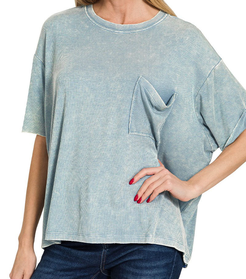 Boyfriend Basic Washed Ribbed Tee - Blue Grey
