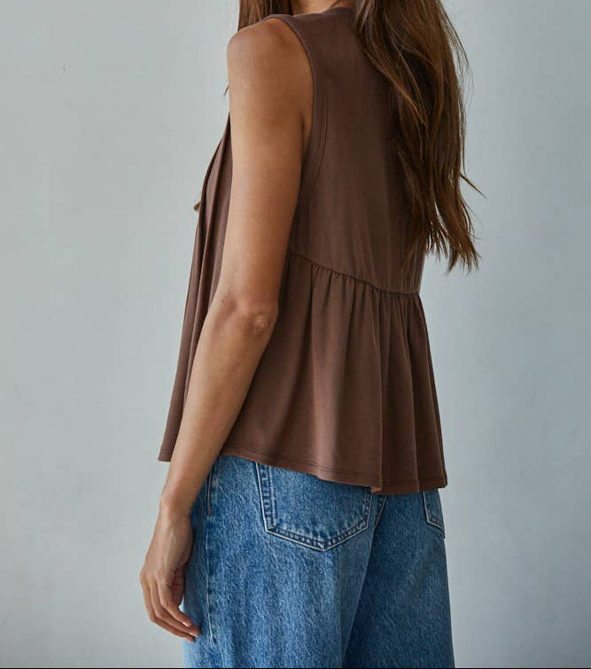 Pleated Sleeveless Tank - Chocolate