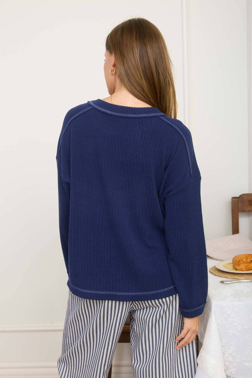 RIbbed Knit Crew Neck Top - Navy
