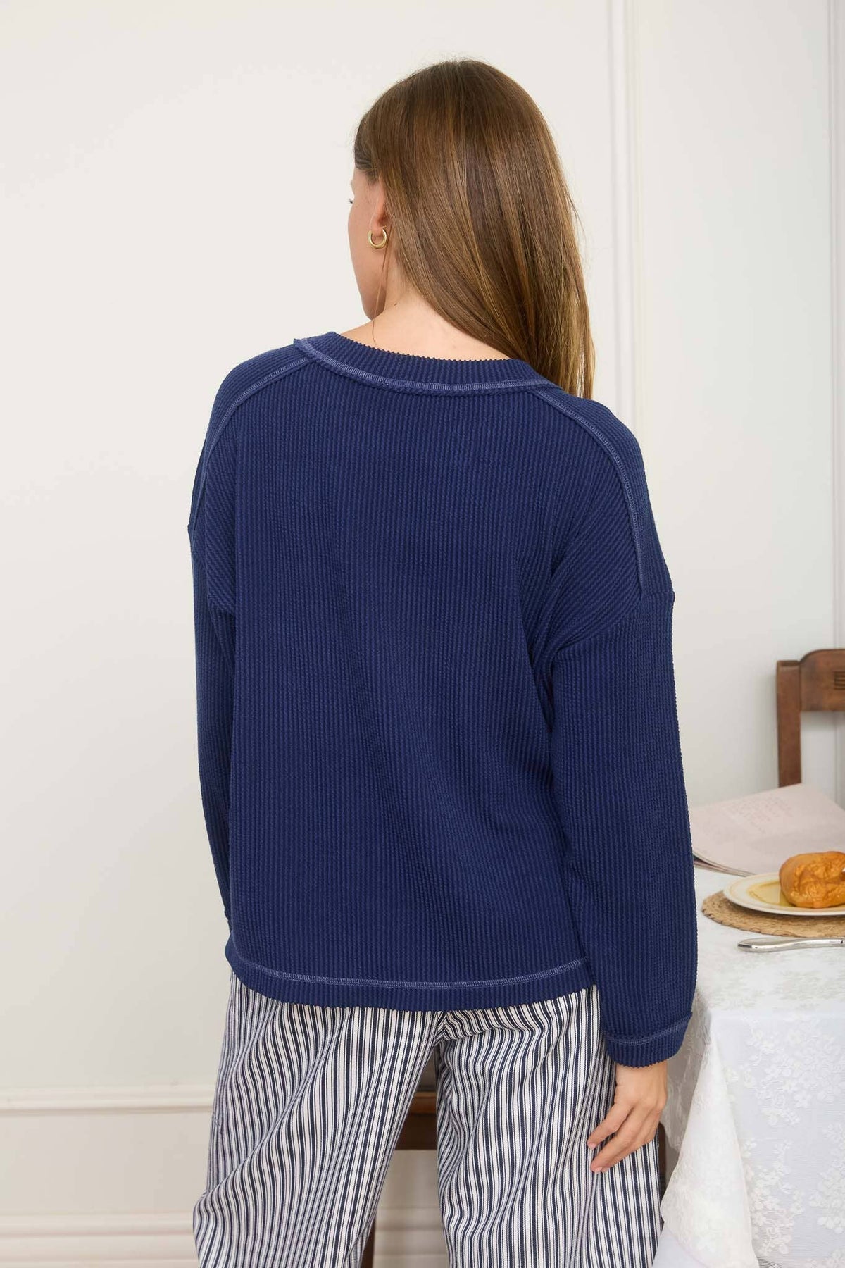 RIbbed Knit Crew Neck Top - Navy