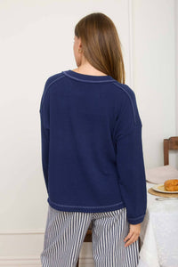 RIbbed Knit Crew Neck Top - Navy