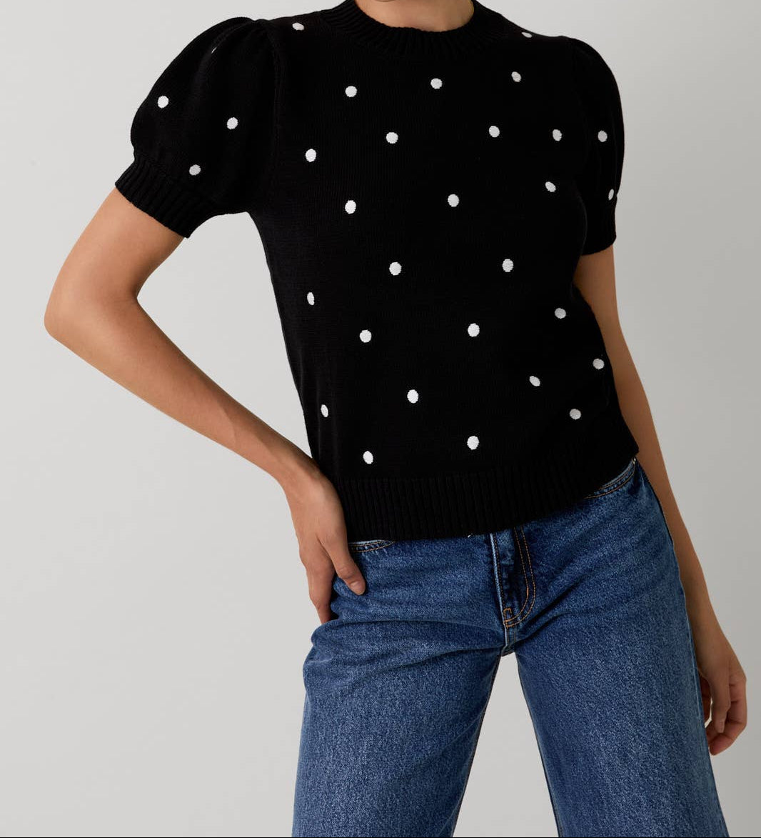 Polka Dot Short Sleeve Top - Black