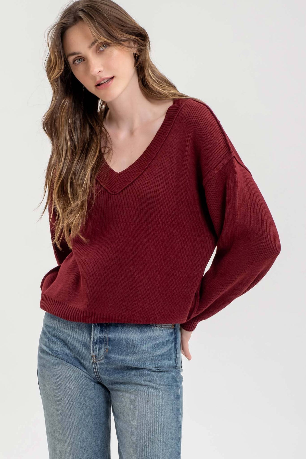 Everyday V Neck Sweater -  Burgundy