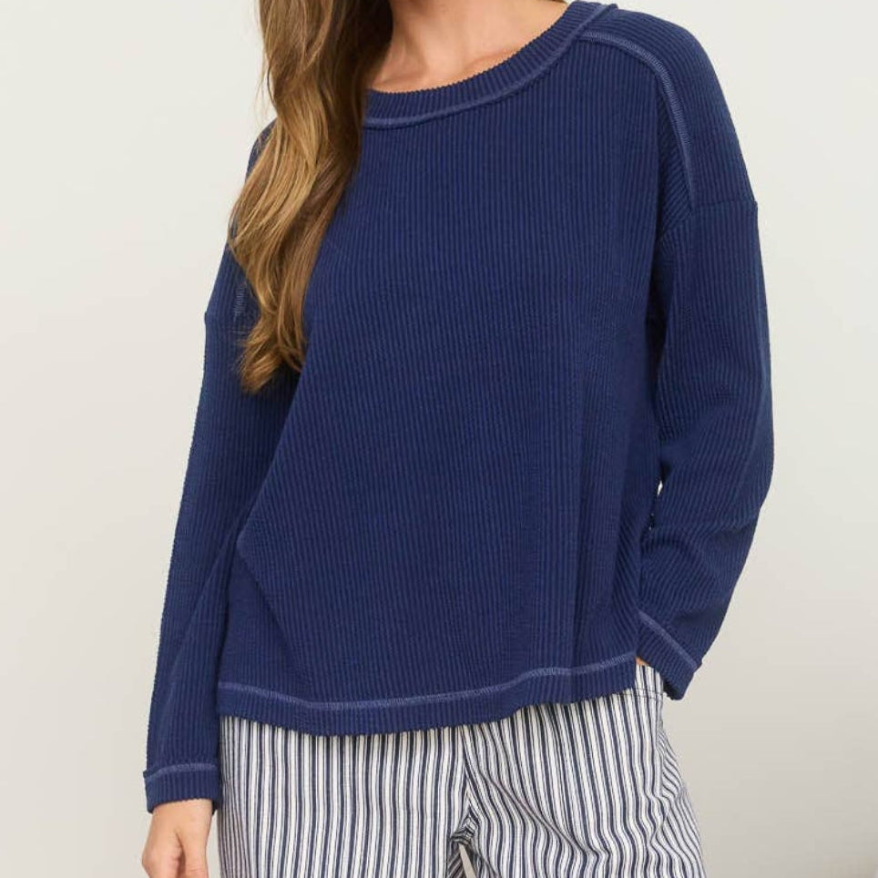RIbbed Knit Crew Neck Top - Navy