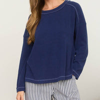 RIbbed Knit Crew Neck Top - Navy