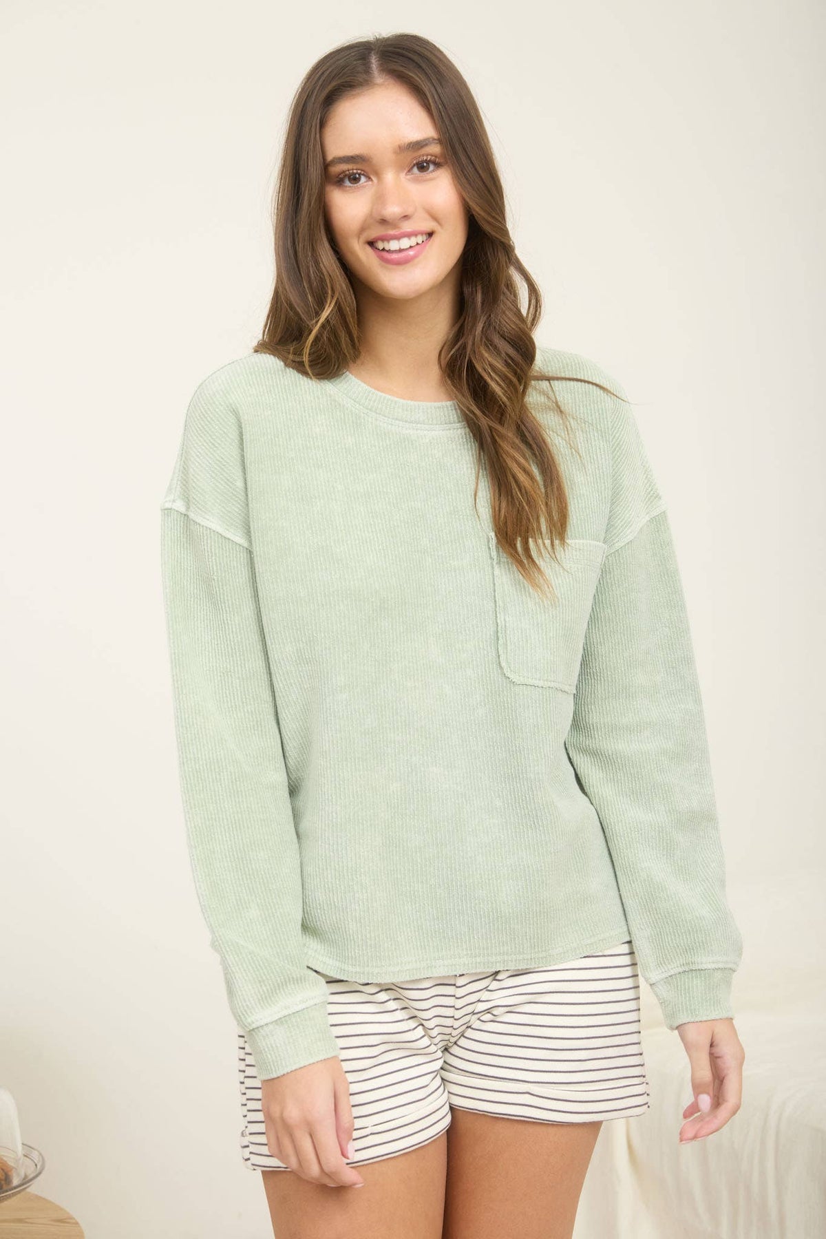 Ribbed Knit Top – Light Olive
