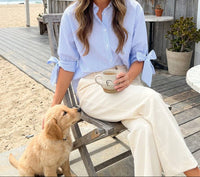 Bow Tie  Short Sleeve Stripe Blouse