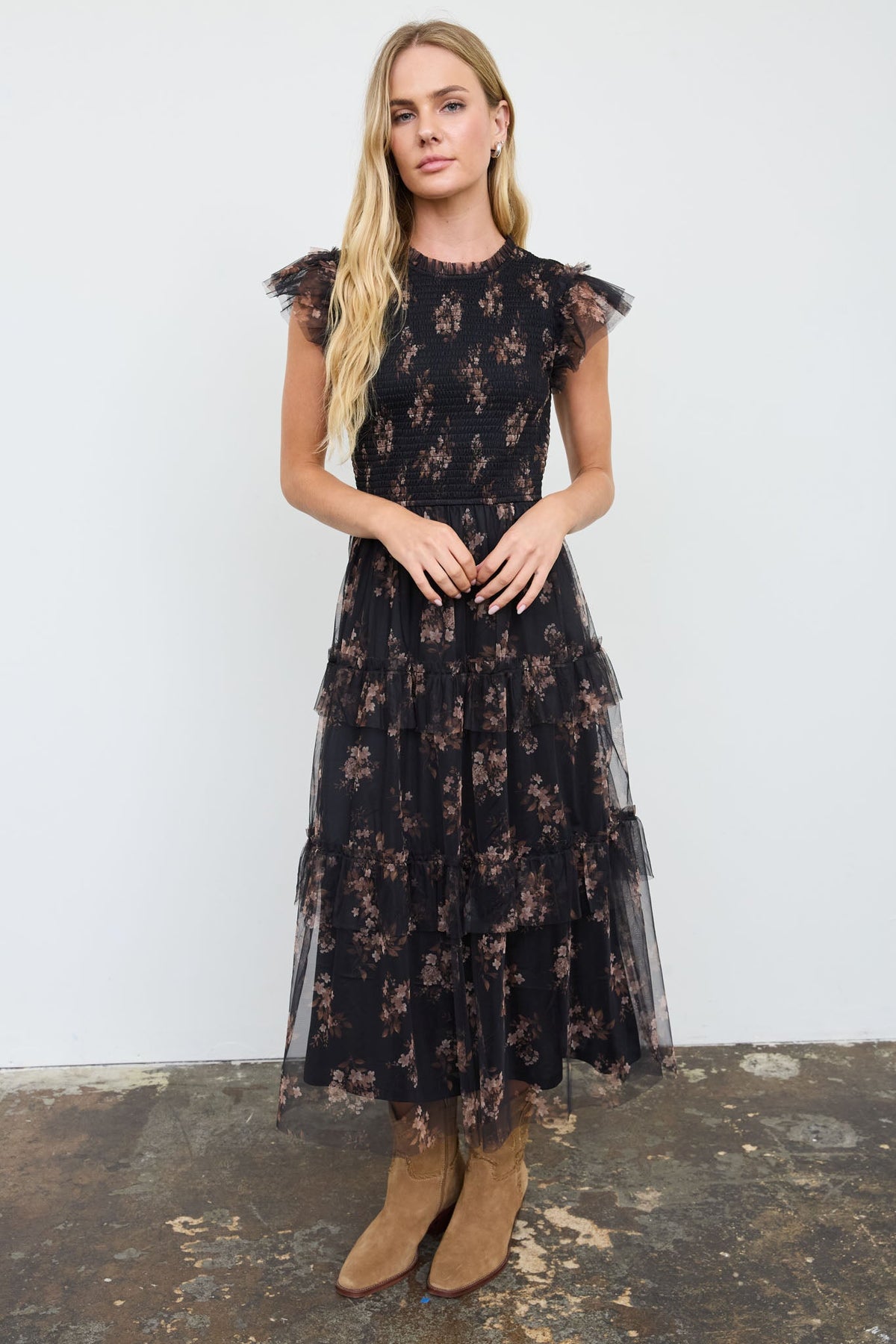 Midnight Garden Smocked Floral Midi Dress