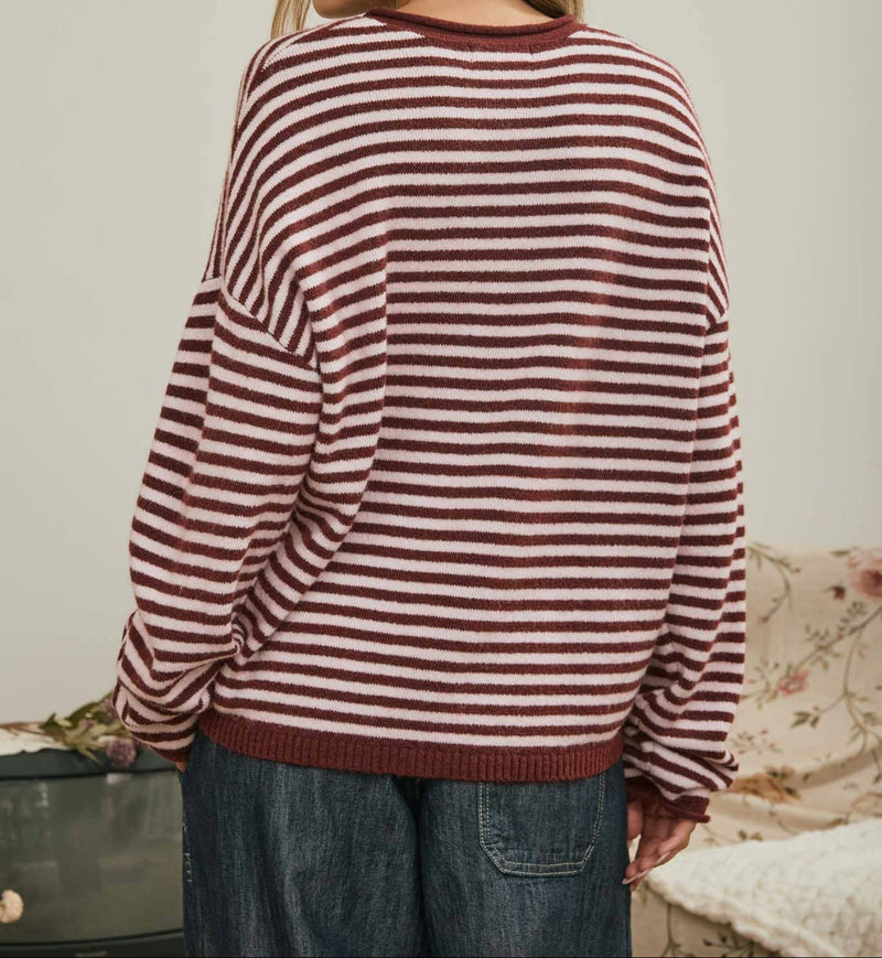 Autumn Striped Henley Sweater -Burgundy